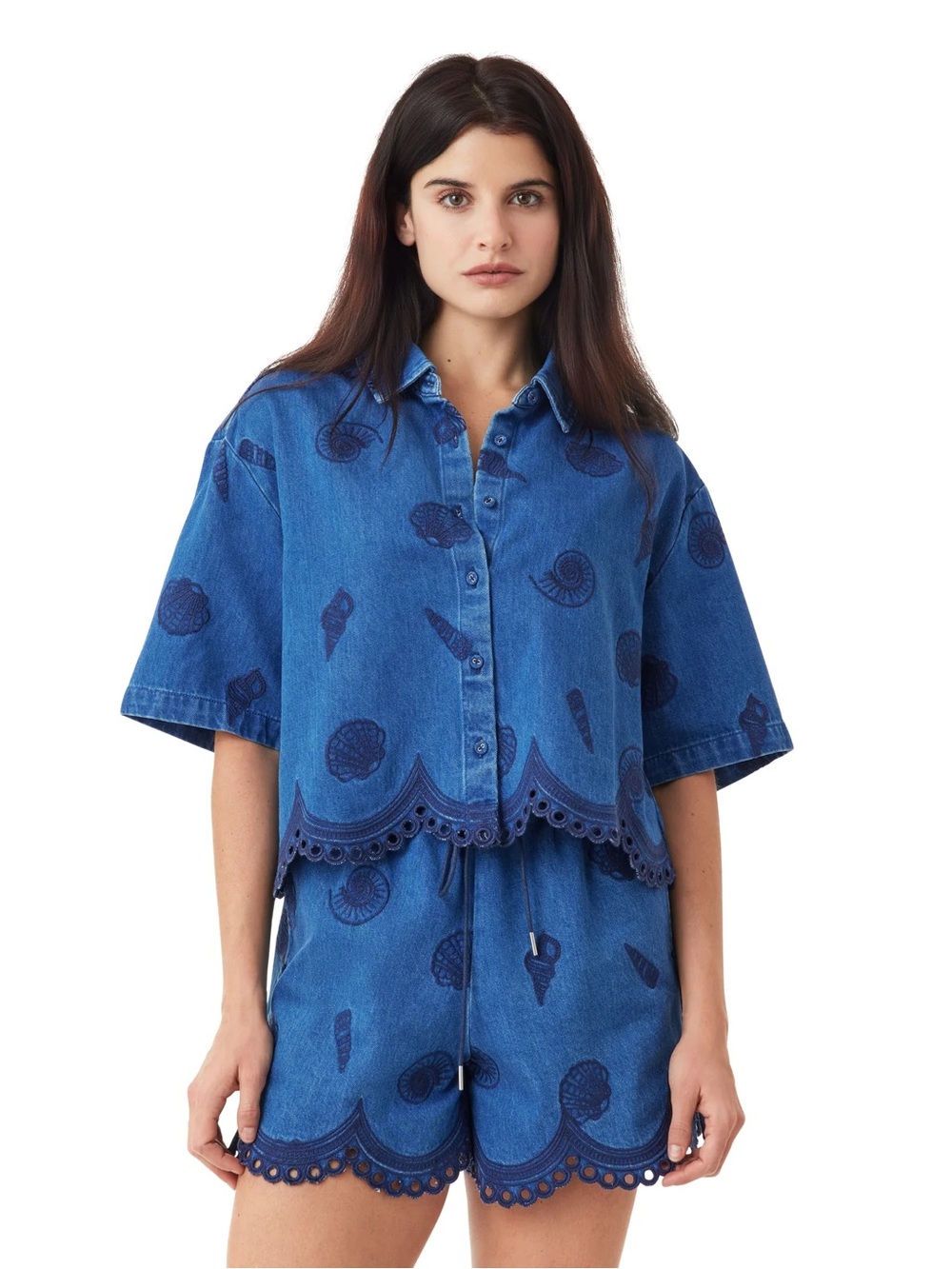 NWT habitual current season Seashell Crop Short Sleeve Shirt Blue Denim xs $129